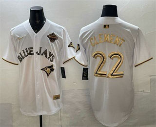 Men's Toronto Blue Jays 22 Ernie Clement White Gold 2025 American League Champions Limited Stitched Jersey
