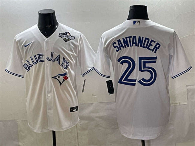 Men's Toronto Blue Jays 25 Anthony Santander White 2025 World Series Home Cool Base Stitched Baseball Jersey