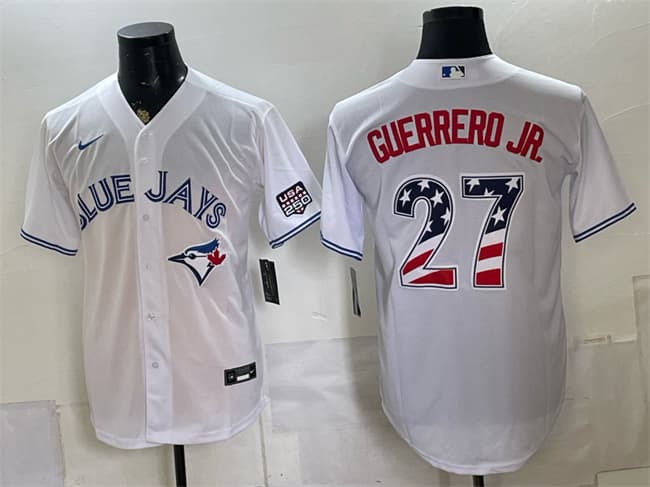 Men's Toronto Blue Jays 27 Vladimir Guerrero Jr White 2026 USA 250 Fourth of July Stitched Baseball Jersey Men's Toronto Blue Jays 27 Vladimir Guerrero Jr White 2026 USA 250 Fourth of July Stitched Baseball Jersey