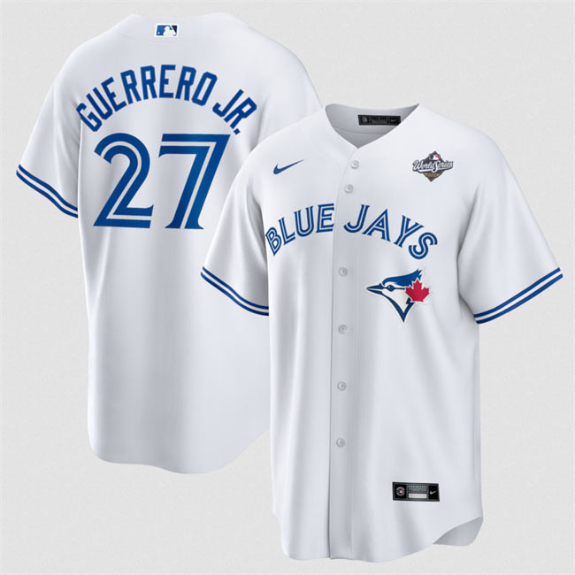 Men's Toronto Blue Jays 27 Vladimir Guerrero Jr. White 2025 World Series Home Cool Base Stitched Jersey