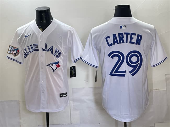Men's Toronto Blue Jays 29 Joe Carter White 50 Seasons Patch Stitched Baseball Jersey