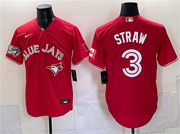 Men's Toronto Blue Jays 3 Myles Straw Red 50 Seasons Patch Stitched Baseball Jersey Men's Toronto Blue Jays 3 Myles Straw Red 50 Seasons Patch Stitched Baseball Jersey