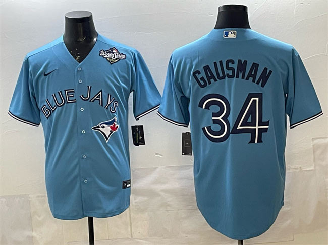 Men's Toronto Blue Jays 34 Kevin Gausman Blue 2025 World Series Cool Base Stitched Baseball Jersey