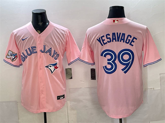 Men's Toronto Blue Jays 39 Trey Yesavage Pink 50 Seasons Patch Stitched Baseball Jersey