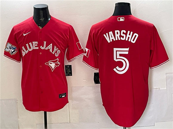 Men's Toronto Blue Jays 5 Daulton Varsho Red 50 Seasons Patch Stitched Baseball Jersey