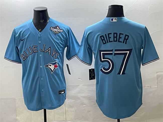 Men's Toronto Blue Jays 57 Shane Bieber Blue 2025 World Series Cool Base Stitched Baseball Jersey