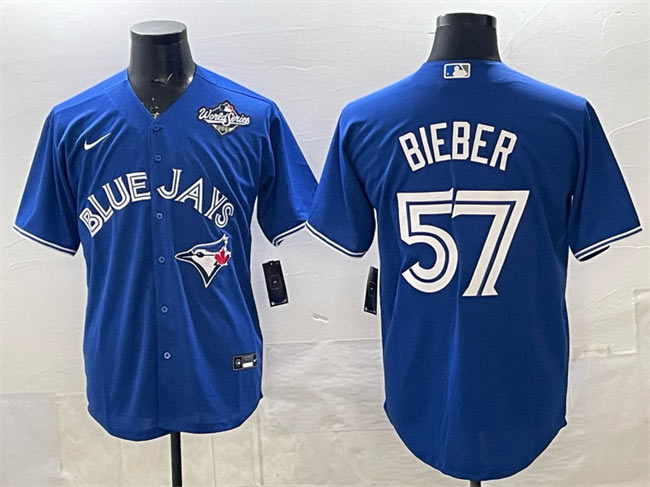 Men's Toronto Blue Jays 57 Shane Bieber Royal 2025 World Series Cool Base Stitched Baseball Jersey