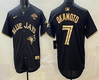 Men's Toronto Blue Jays 7 Kazuma Okamoto Black Gold 2025 American League Champions Limited Stitched Jersey