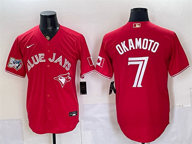 Men's Toronto Blue Jays 7 Kazuma Okamoto Red 50 Seasons Patch Stitched Baseball Jersey