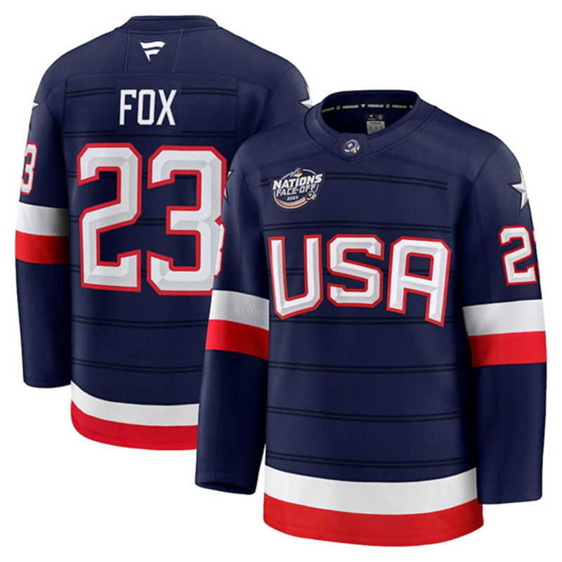 Men's USA 23 Adam Fox Navy 2025 4 Nations Face Off Stitched Jersey