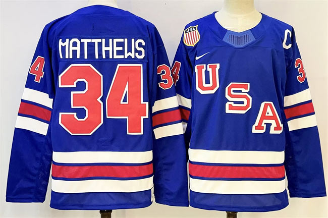 Men's USA 34 Auston Matthews Royal 2025 2026 With C Patch Stitched Jersey
