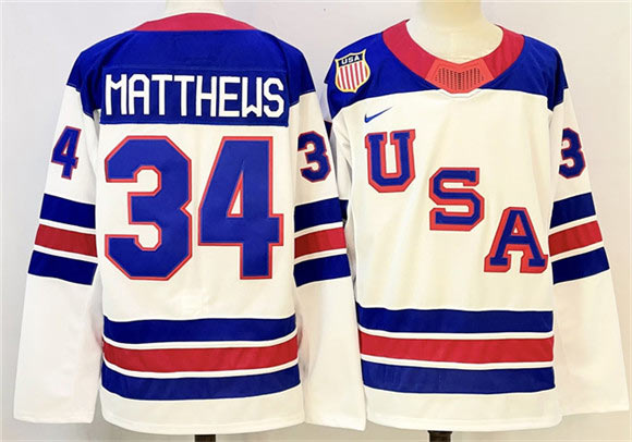 Men's USA 34 Auston Matthews White 2025 2026 Stitched Jersey