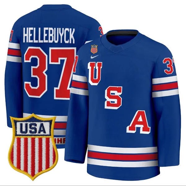 Men's USA 37 Connor Hellebuyck Home Blue 2026 Olympic Hockey Jersey