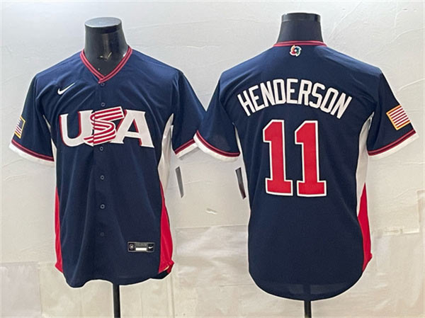 Men's USA Baseball 11 Gunnar Henderson Navy 2026 World Baseball Classic Road Stadium Stitched Jersey