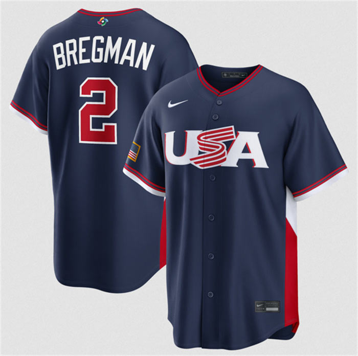 Men's USA Baseball 2 Alex Bregman Navy 2026 World Baseball Classic Road Stadium Stitched Jersey