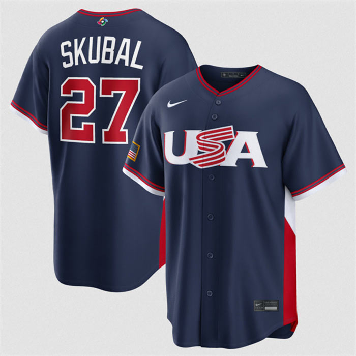 Men's USA Baseball 27 Tarik Skubal Navy 2026 World Baseball Classic Road Stadium Stitched Jersey