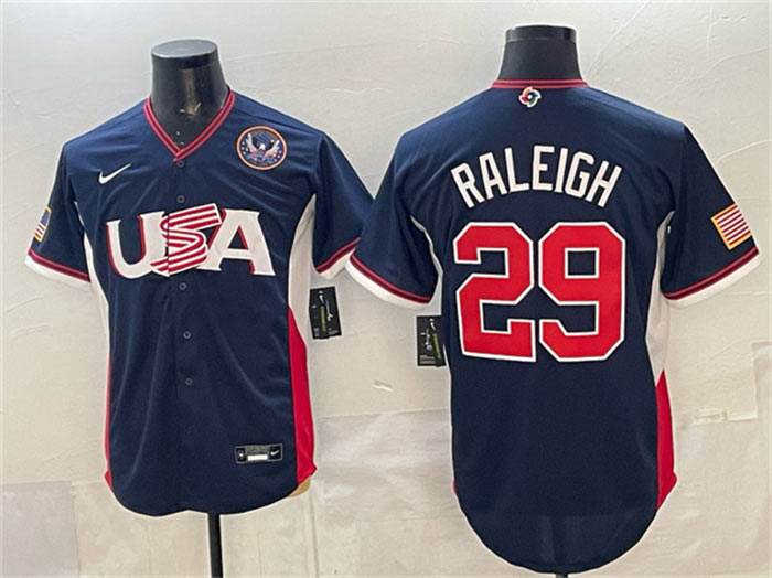 Men's USA Baseball 29 Cal Raleigh Navy 2026 World Baseball Classic United States 250th Anniversary Patch Road Stadium Stitched Jersey
