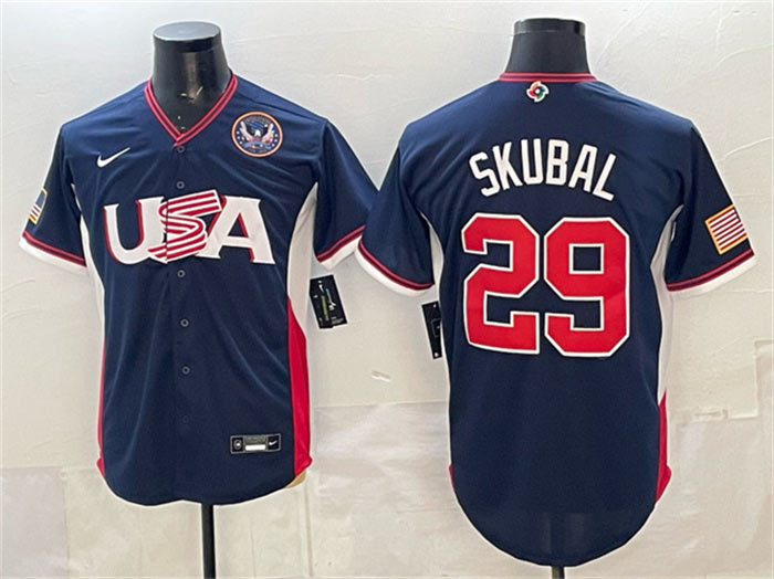Men's USA Baseball 29 Tarik Skubal Navy 2026 World Baseball Classic United States 250th Anniversary Patch Road Stadium Stitched Jersey