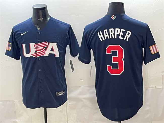Men's USA Baseball 3 Bryce Harper Navy World Baseball Classic Stitched Jersey