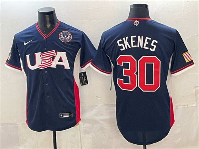 Men's USA Baseball 30 Paul Skenes Navy 2026 World Baseball Classic United States 250th Anniversary Patch Road Stadium Stitched Jersey