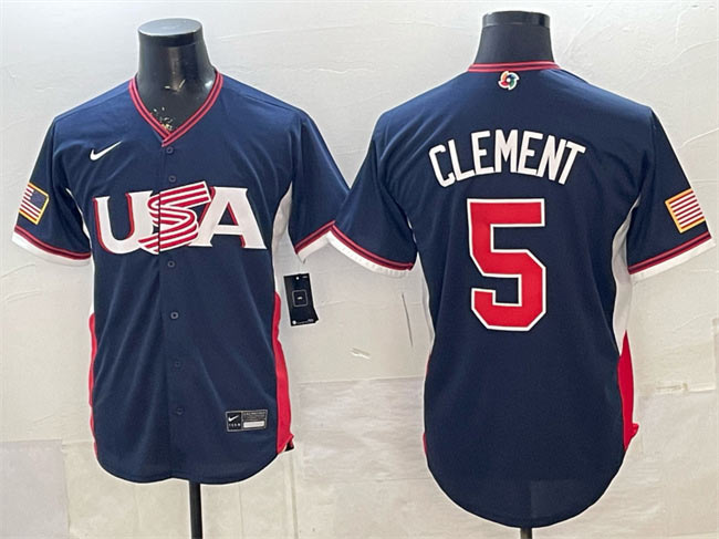 Men's USA Baseball 5 Ernie Clement Navy 2026 World Baseball Classic Road Stadium Stitched Jersey