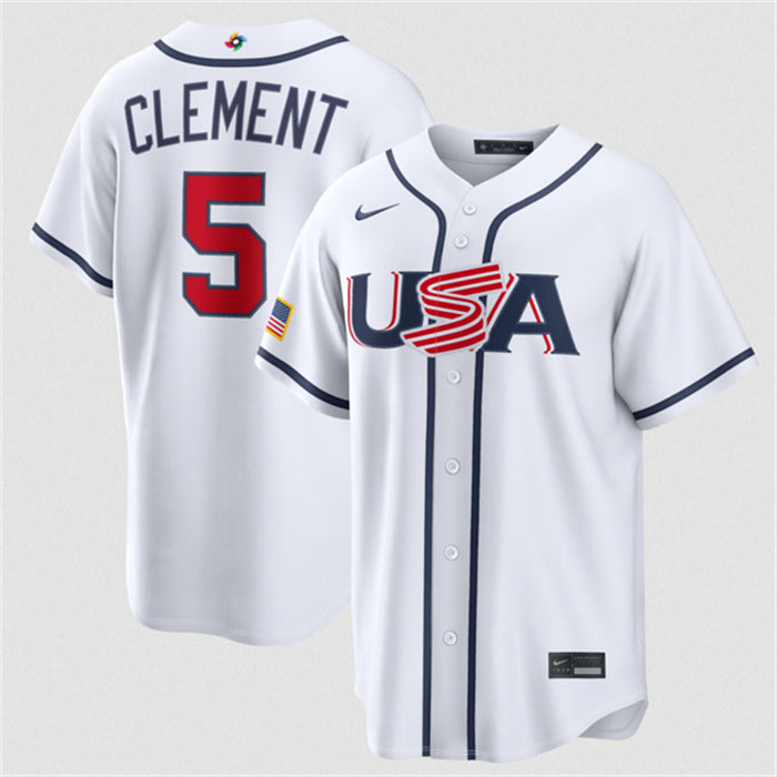 Men's USA Baseball 5 Ernie Clement White 2026 World Baseball Classic Home Stadium Stitched Jersey