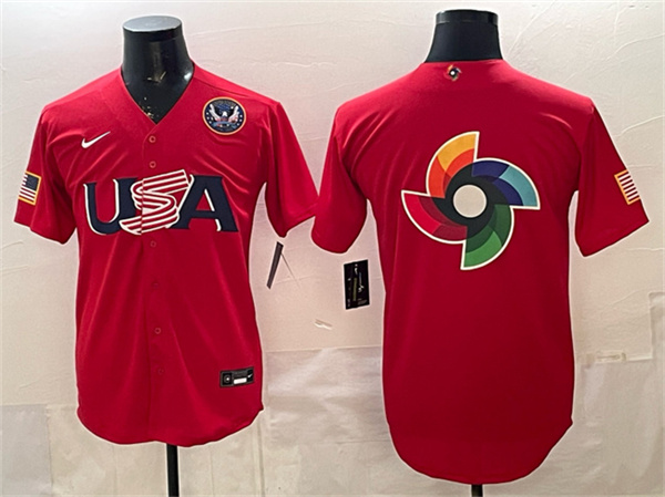 Men's USA Baseball Team Big Logo Red 2026 World Baseball Classic United States 250th Anniversary Patch Stadium Stitched Jersey