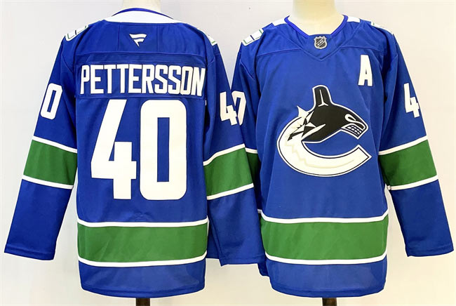 Men's Vancouver Canucks 40 Elias Pettersson Royal 2024 25 With A Patch Home Stitched Hockey Jersey