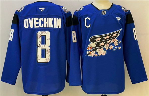 Men's Washington Capitals 8 Alex Ovechkin Blue Cherry Blossom With C Patch Stitched Hockey Jersey