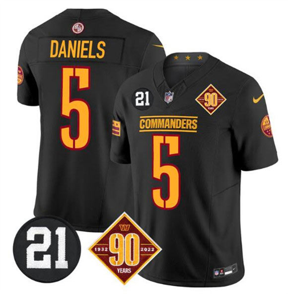Men's Washington Commanders 5 Jayden Daniels Black F.U.S.E. 90th & Sean Taylor Patch Vapor Limited Football Stitched Jersey