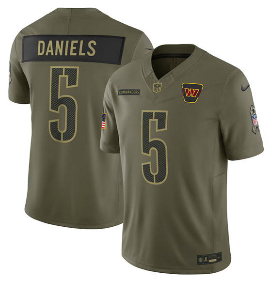 Men's Washington Commanders 5 Jayden Daniels Olive 2025 Salute to Service Limited Football Stitched Jersey