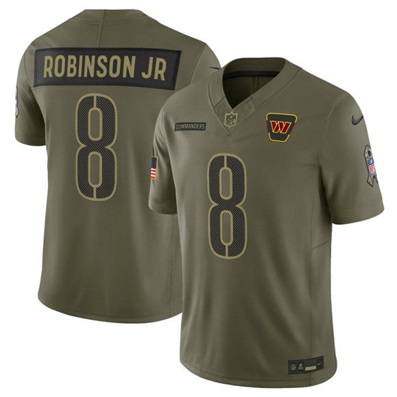 Men's Washington Commanders 8 Brian Robinson Jr. Olive 2025 Salute to Service Limited Football Stitched Jersey