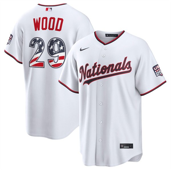 Men's Washington Nationals 29 James Wood White USA 250 Fourth of July Home Stitched Baseball Jersey Men's Washington Nationals 29 James Wood White USA 250 Fourth of July Home Stitched Baseball Jersey