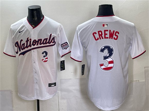Men's Washington Nationals 3 Dylan Crews White USA 250 Fourth of July Home Stitched Baseball Jersey Men's Washington Nationals 3 Dylan Crews White USA 250 Fourth of July Home Stitched Baseball Jersey