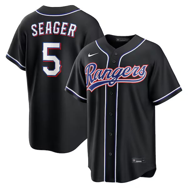 Men Texas Rangers 5 Corey Seager Fashion Replica Black Out Jersey