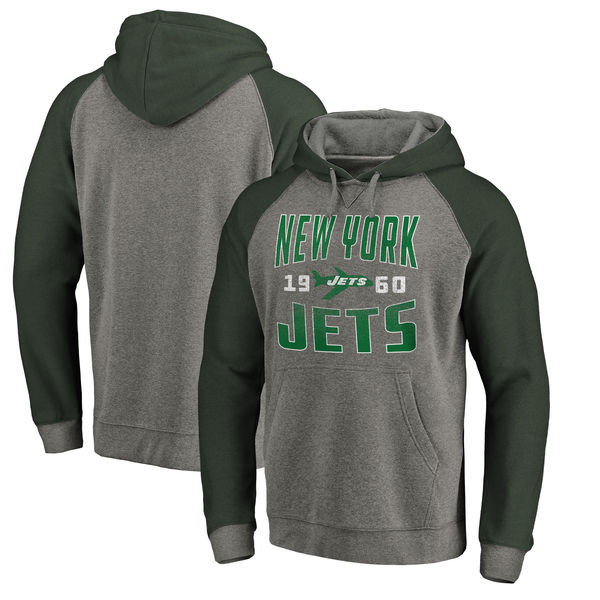 New York Jets NFL Pro Line by Fanatics Branded Timeless Collection Antique Stack Tri Blend Raglan Pullover Hoodie Ash