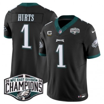 Nike Eagles 1 Jalen Hurts Black 2024 NFC East Champions with C Patch F.U.S.E. Vapor Limited Men Jersey