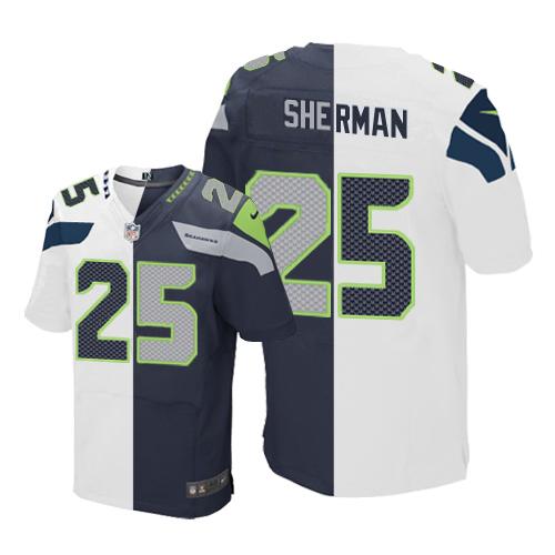 Seahawks 25 Richard Sherman White Steel Blue Men Stitched NFL Elite Split Jersey