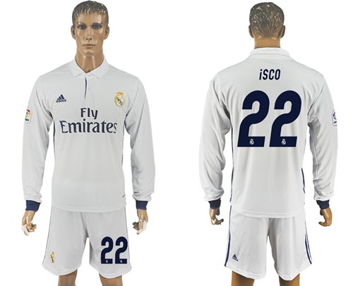 Real Madrid 22 Isco White Home Long Sleeves Soccer Club Jersey