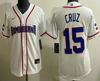 Women's Dominican 15 Oneil Cruz White 2026 World Baseball Classic Cool Base Jersey