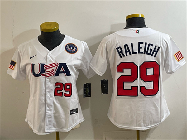 Women's USA Baseball 29 Cal Raleigh White 2026 World Baseball Classic United States 250th Anniversary Patch Stadium Stitched Baseball Jersey(Run Small)