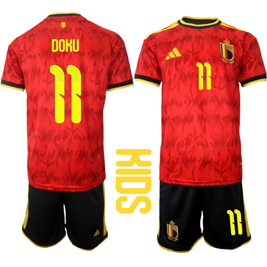 Youth Belgium 11 DOKU National Team FIFA x World Cup 2026 Home Red On Field Kids Jersey