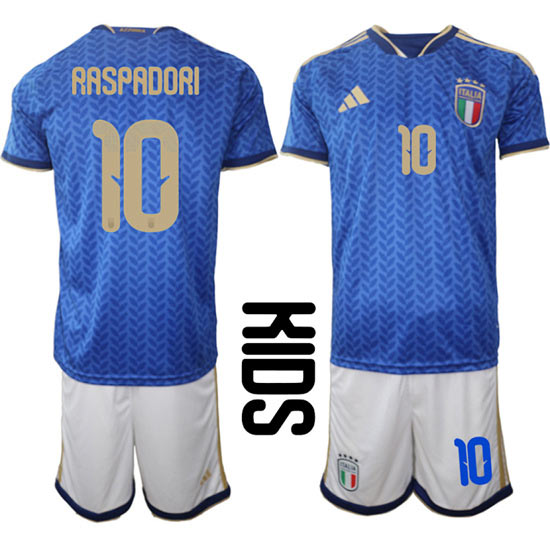 Youth Italy 10 RASPADORI National Team FIFA x World Cup 2026 Home Blue On Field Kids Jerseys