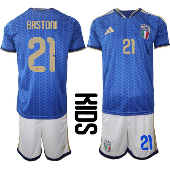 Youth Italy 21 BASTONI National Team FIFA x World Cup 2026 Home Blue On Field Kids Jerseys