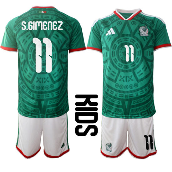 Youth Mexico 11 S.GIMENEZ National Team FIFA x World Cup 2026 Home Green On Field Kids Jersey