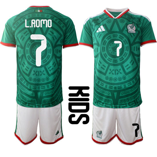 Youth Mexico 7 L.ROMO National Team FIFA x World Cup 2026 Home Green On Field Kids Jersey