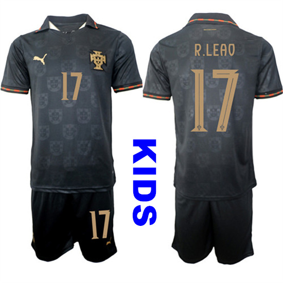 Youth Portugal 17 R.LEAO National Team FIFA x World Cup 2026 Away Gray On Eusebio special edition Kids Jersey