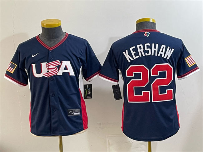 Youth USA Baseball 22 Clayton Kershaw Navy 2026 World Baseball Classic Stadium Stitched Baseball Jersey