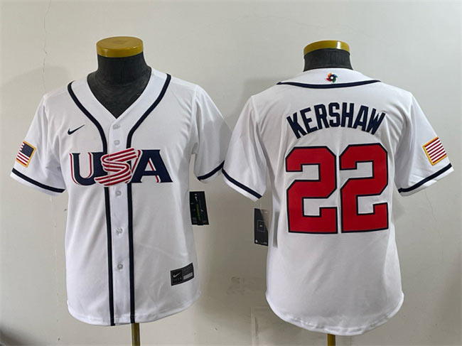 Youth USA Baseball 22 Clayton Kershaw White 2026 World Baseball Classic Home Stadium Stitched Baseball Jersey