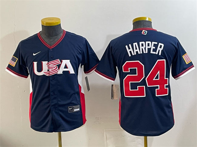 Youth USA Baseball 24 Bryce Harper Navy 2026 World Baseball Classic Stadium Stitched Baseball Jersey